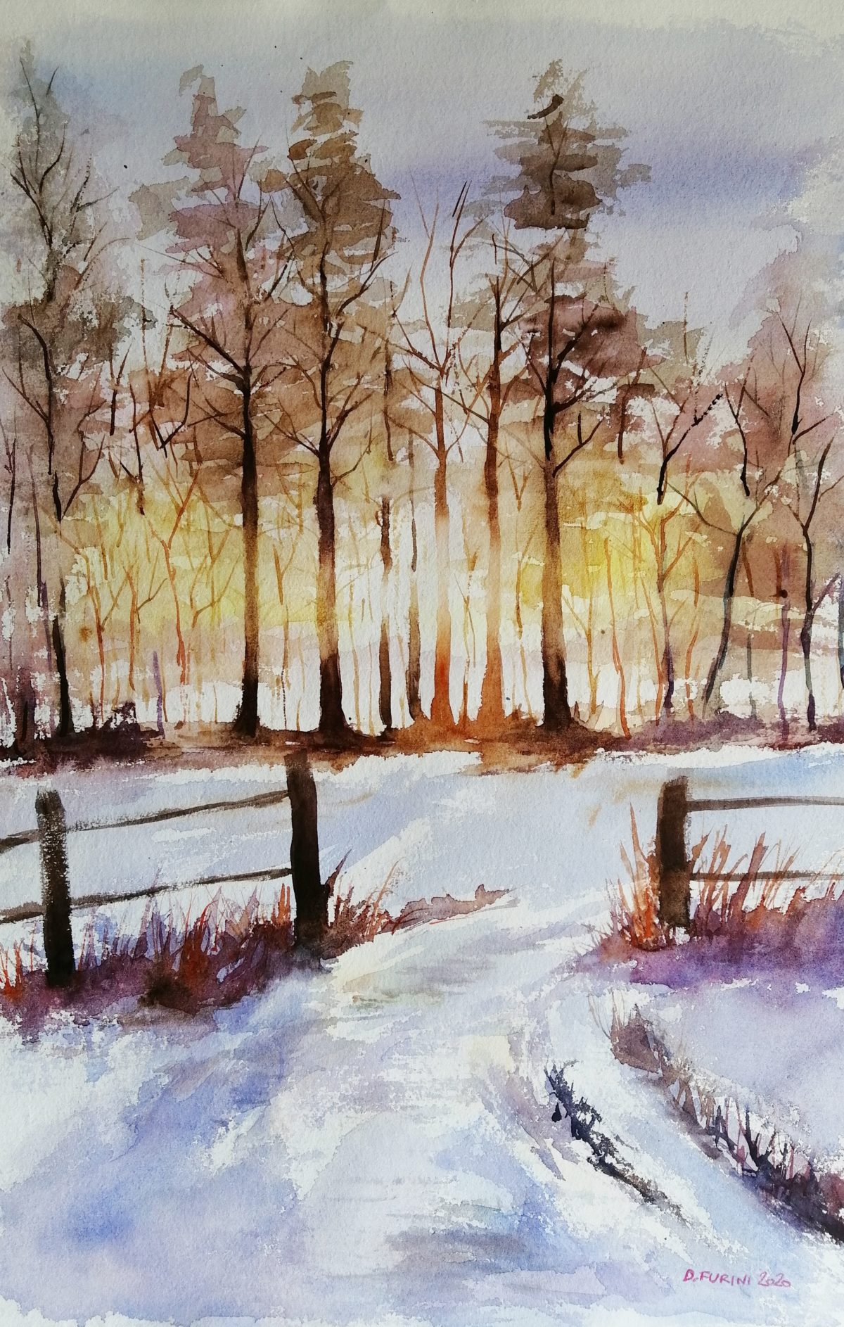 Water-colour winter landscape